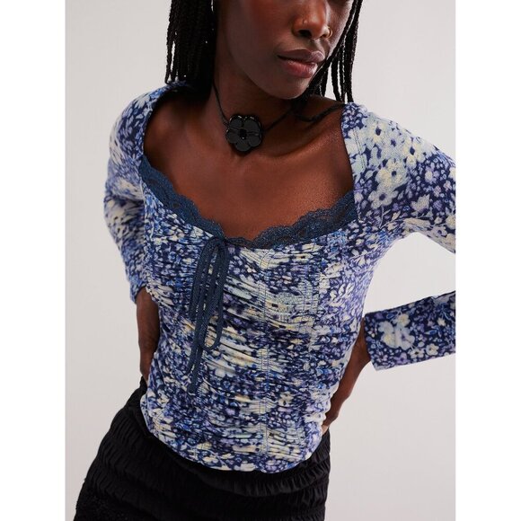 Free People Blue Puff Sleeve Smocked Blouse - Picture 1 of 5